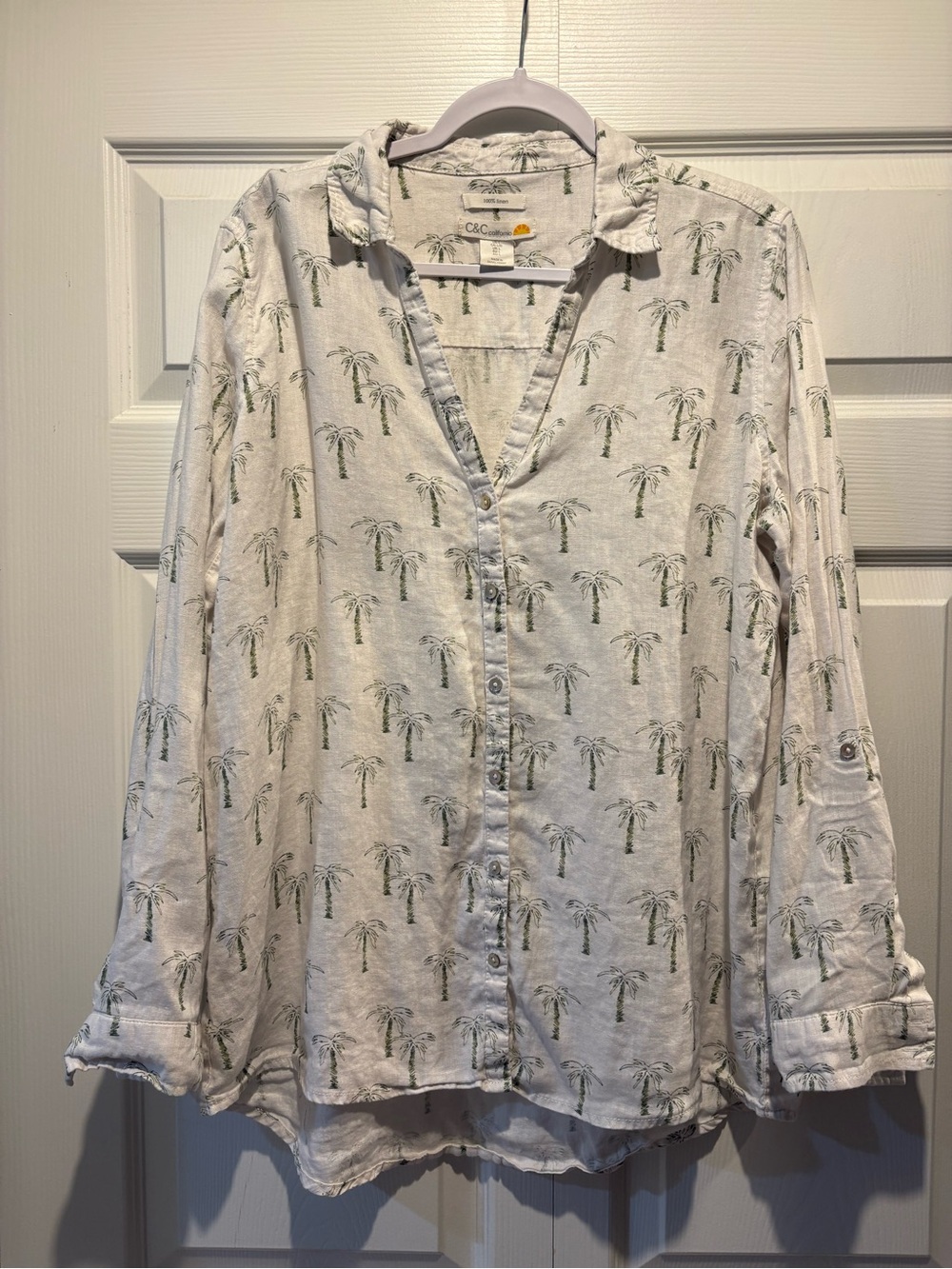 C&C California white button up long sleeve shirt 100% linen palm tree print sz L